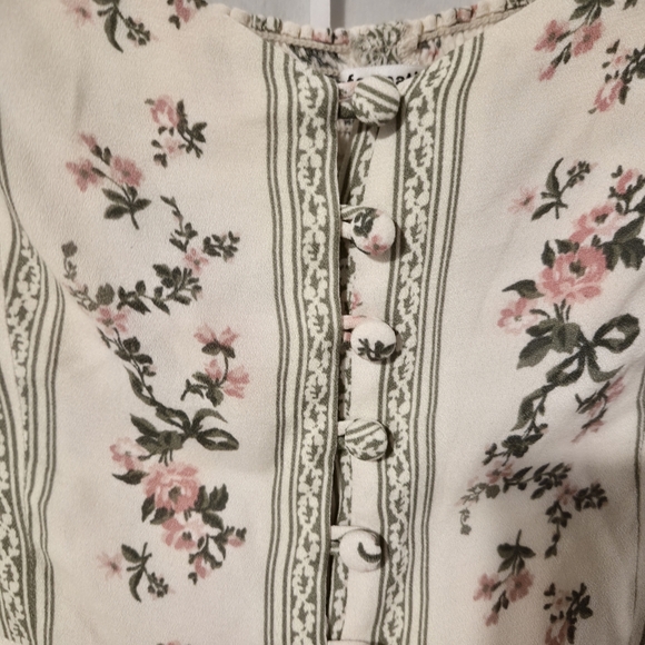 Reformation Floral Cream Green Blouse Top Sz 4 - Picture 5 of 12